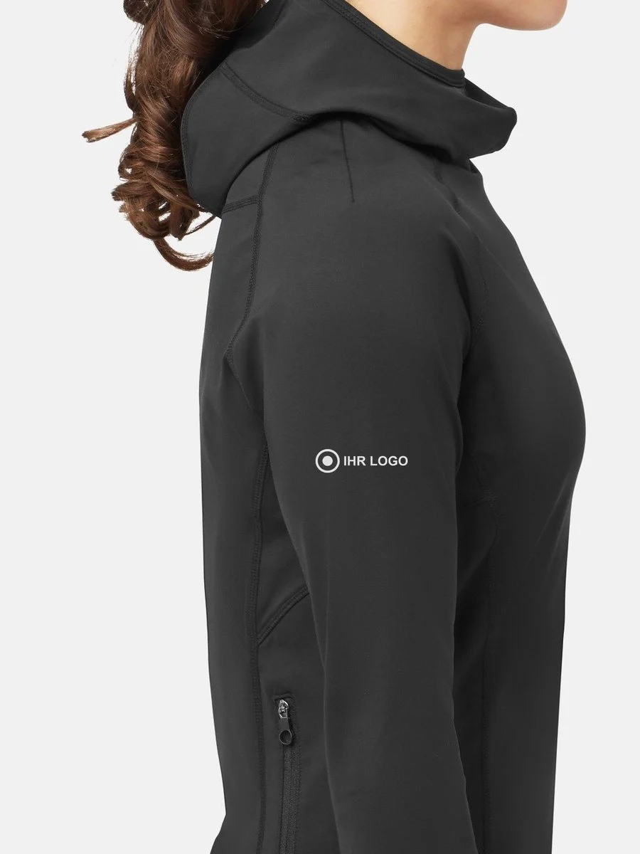 Damen UV-Kapuzenshirt Schwarz von der Seite mit Platzhalter-Logo am Oberarm außen