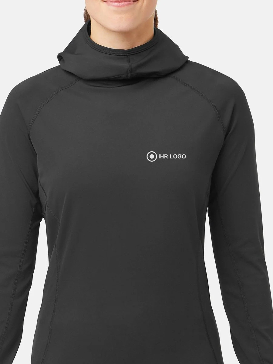 Damen UV-Kapuzenshirt Schwarz von vorne mit Platzhalter-Logo an der Brust links